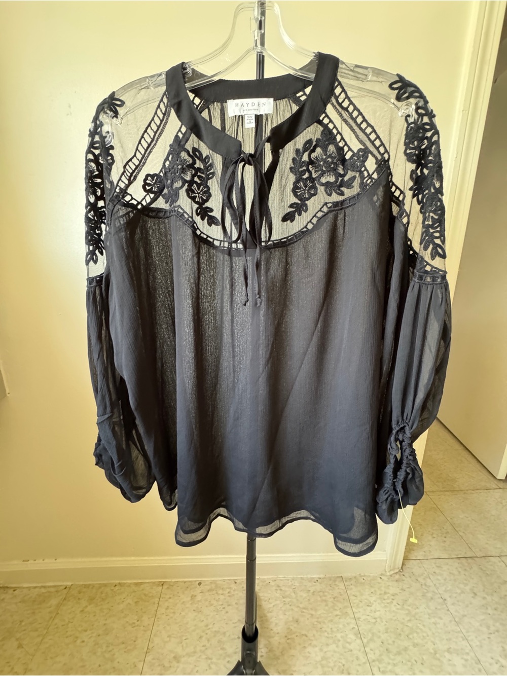 Hayden LA Black Embroidered Sheer Blouse S/M Oversized Fit